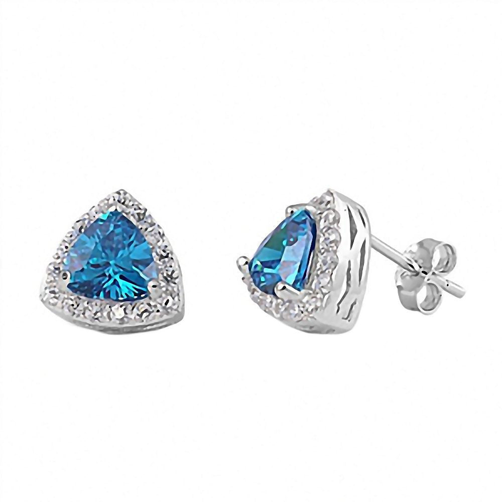Lacey: Swiss Blue Topaz Ice CZ Trillion cut & IOF CZ Halo Earrings - Trustmark Jewelers - Earrings