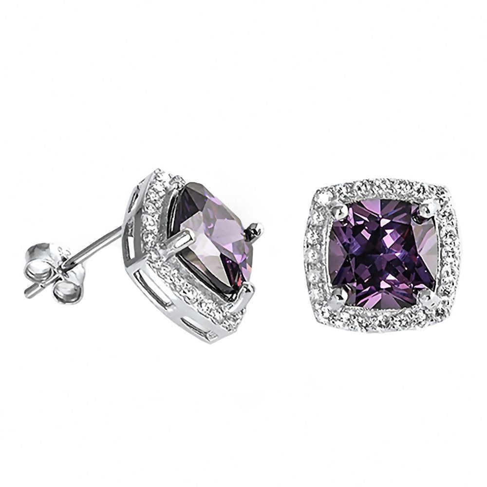 Roanna: 8mm Amethyst Ice CZ Cushion cut & IOF CZ Halo Silver Earrings - Trustmark Jewelers - Earrings