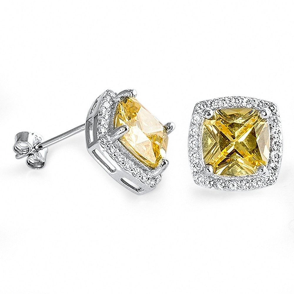 Rochelle: 8mm Citrine Ice CZ Cushion cut & IOF Halo Silver Earrings - Trustmark Jewelers - Earrings