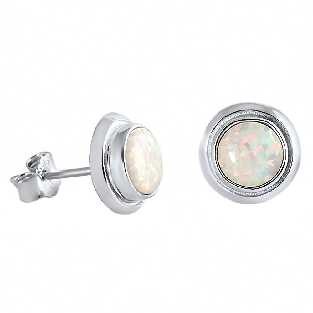 Loretta: 8mm Cabochon cut Australian White Opal Bezel Stud Earrings - Trustmark Jewelers - Earrings