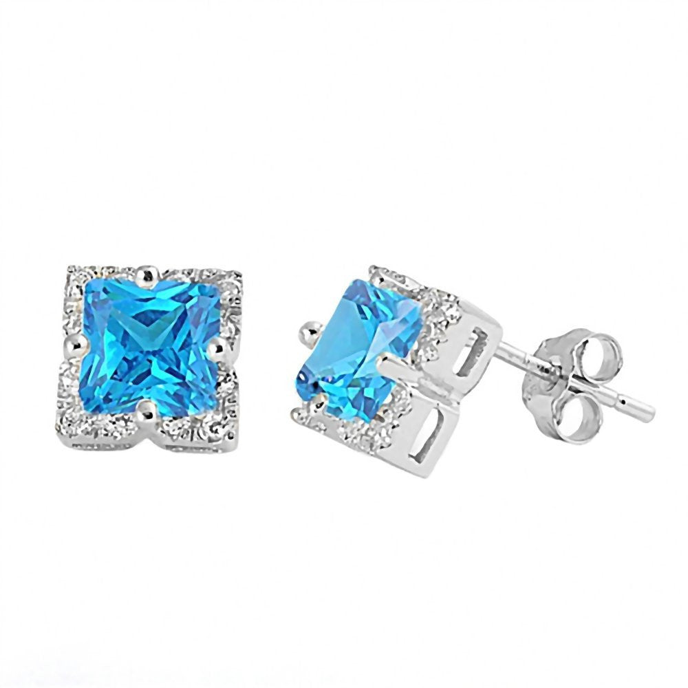 Abby: 6mm Princess cut Blue Topaz Ice CZ & IOF Halo Silver Earrings - Trustmark Jewelers - Earrings