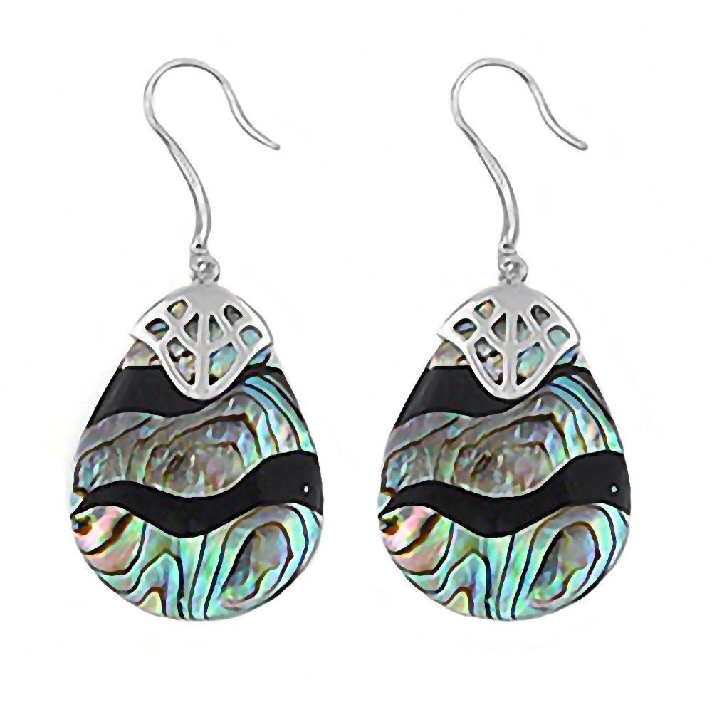 Luna: Onyx & Abalone Shell Banded Tear-drop Silver Dangle Earrings - Trustmark Jewelers - Earrings