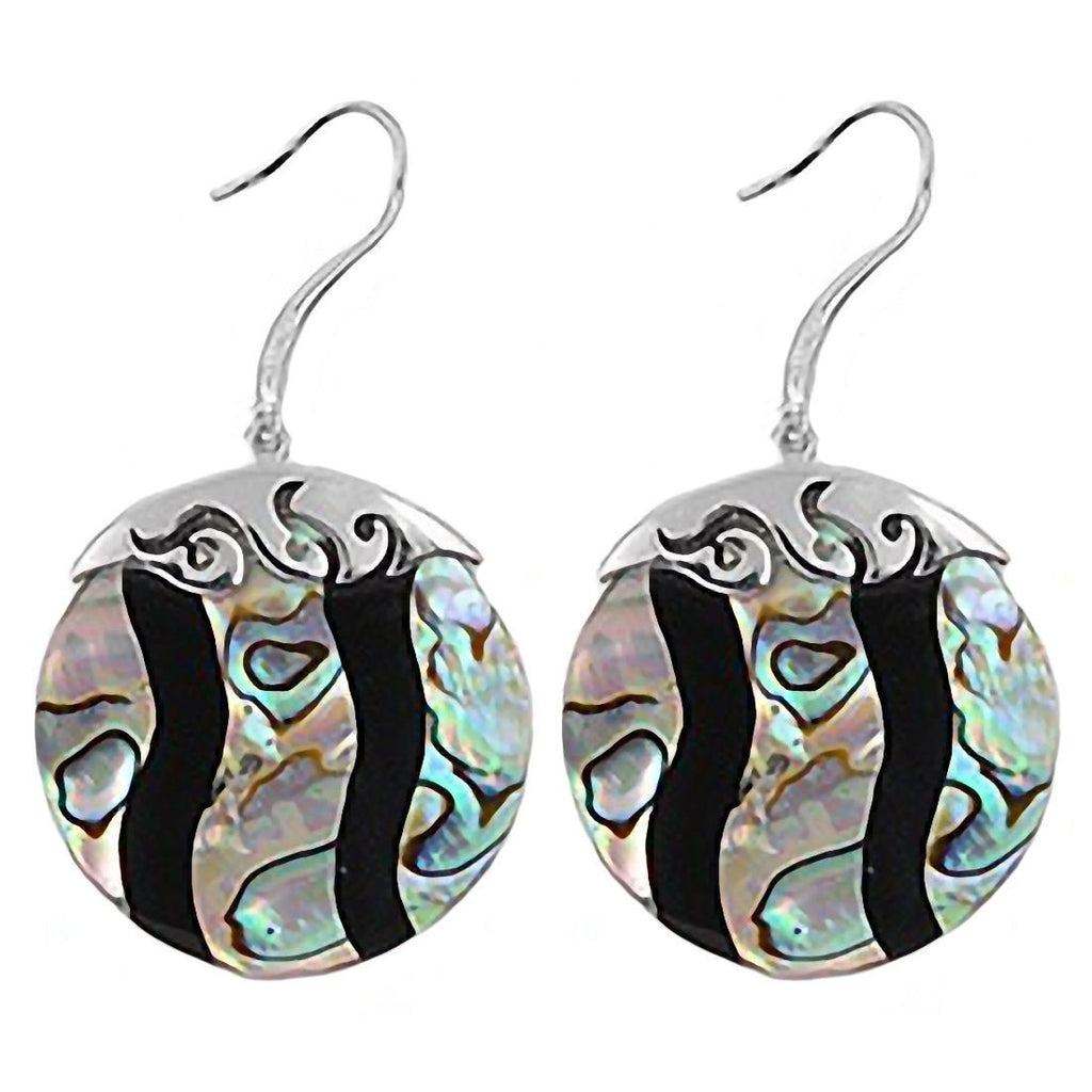 Lana: Black Onyx & Abalone Shell Circular Silver Dangle Earrings - Trustmark Jewelers - Earrings