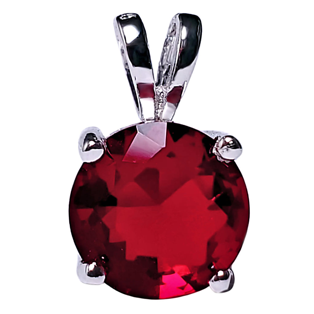 7mm Brilliant Cut Simulated Ruby Ice CZ Solitaire Pendant Sterling Silver