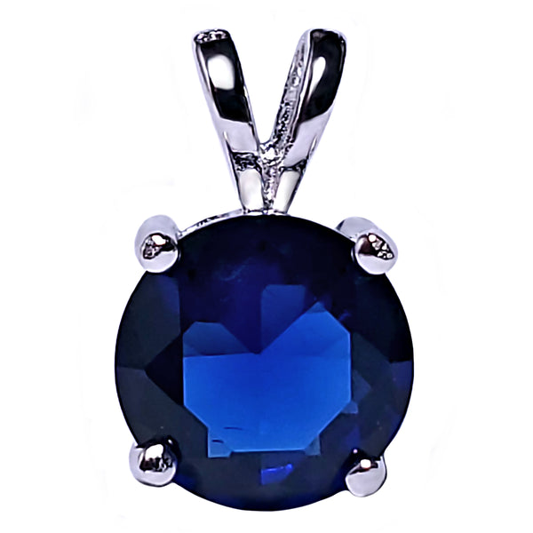 7mm Brilliant Cut Simulated Blue Sapphire Ice CZ Solitaire Pendant Sterling Silver