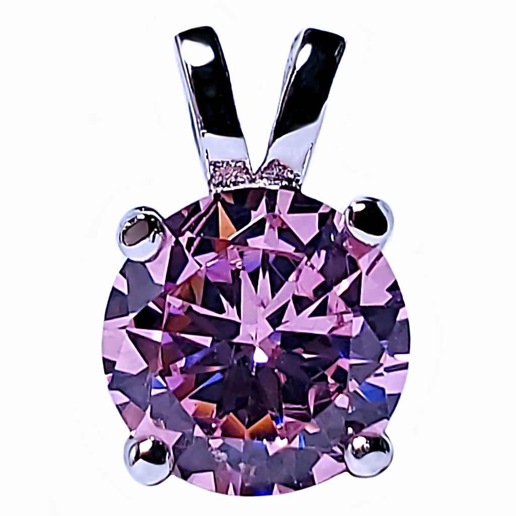 7mm Brilliant Cut Simulated Pink Tourmaline Ice CZ Solitaire Pendant Sterling Silver