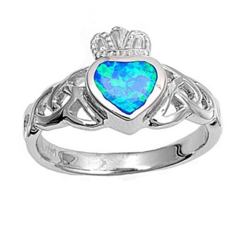 Caronwyn: 0.75ct Heart cut Blue Opal Celtic Knot Claddagh Ring Silver - Trustmark Jewelers - Promise Rings - 1