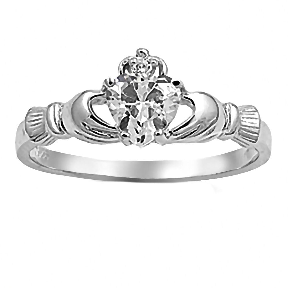Alaina: 0.765ct Heart cut Russian Ice on Fire CZ Claddagh Ring Silver - Trustmark Jewelers - Promise Rings