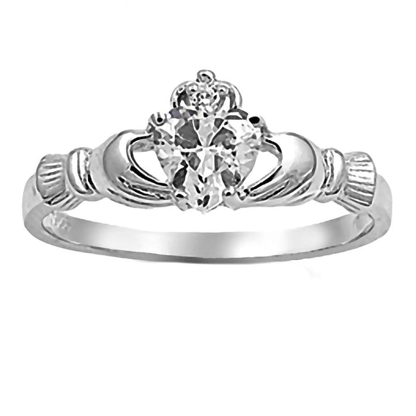 Alaina: 0.765ct Heart cut Russian Ice on Fire CZ Claddagh Ring Silver - Trustmark Jewelers - Promise Rings