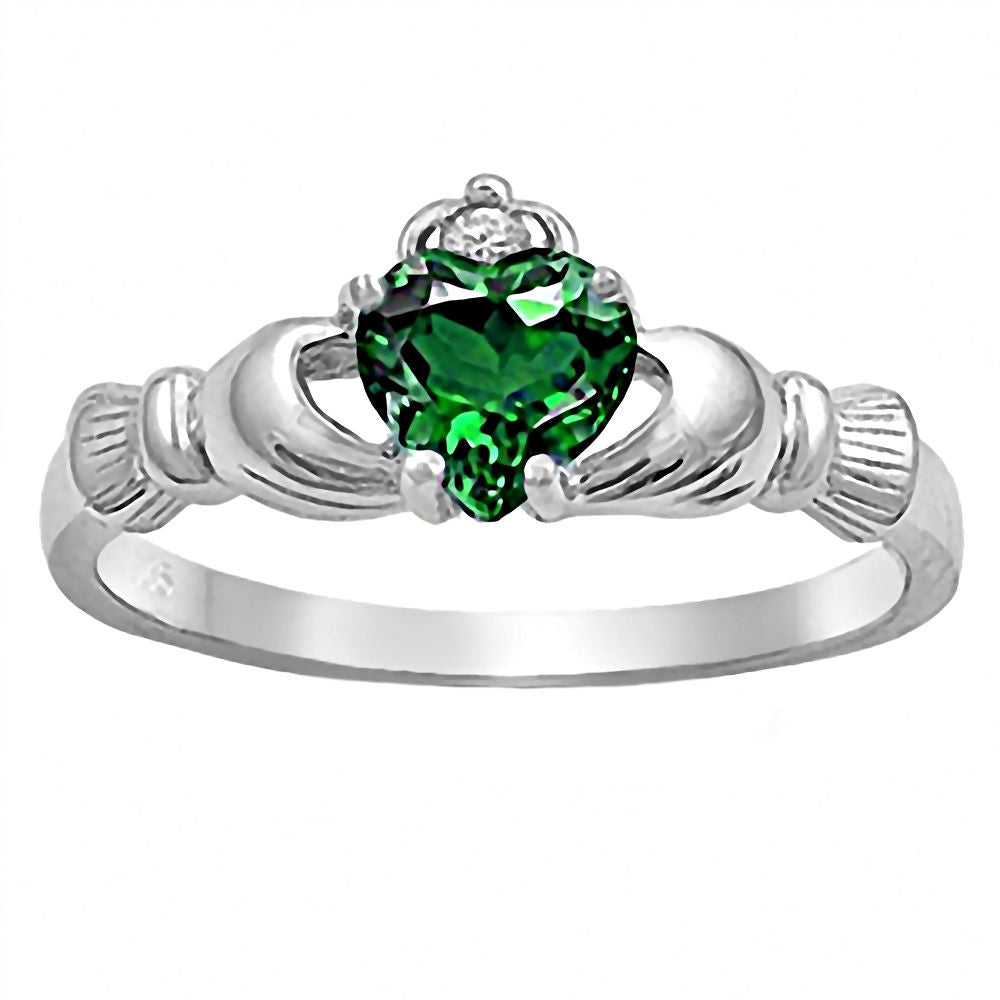 Brandi: 0.765ct Heart cut Created Green Emerald Claddagh Ring Silver - Trustmark Jewelers - Promise Rings
