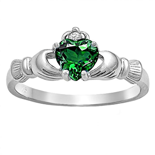 Brandi: 0.765ct Heart cut Created Green Emerald Claddagh Ring Silver - Trustmark Jewelers - Promise Rings