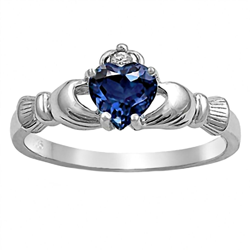Corrine: 0.765ct Heart cut Created Blue Sapphire Claddagh Ring Silver - Trustmark Jewelers - Promise Rings
