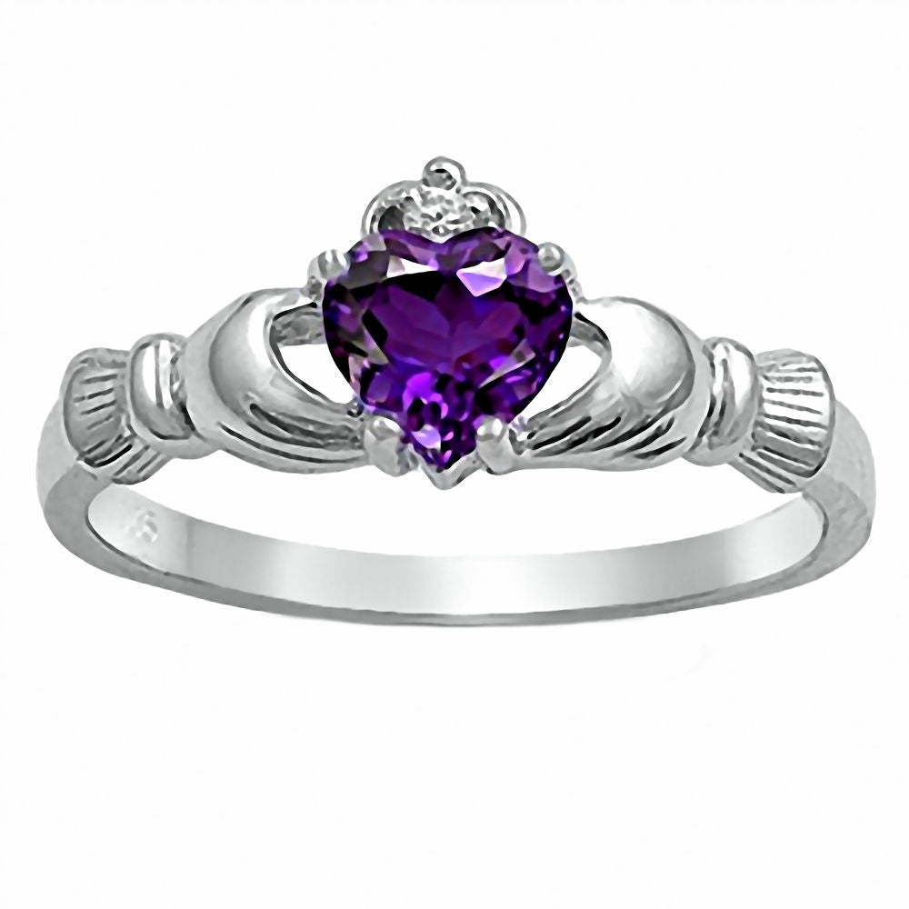 Delaney: 0.765ct Heart cut Purple Amethyst Claddagh Ring Silver - Trustmark Jewelers - Promise Rings