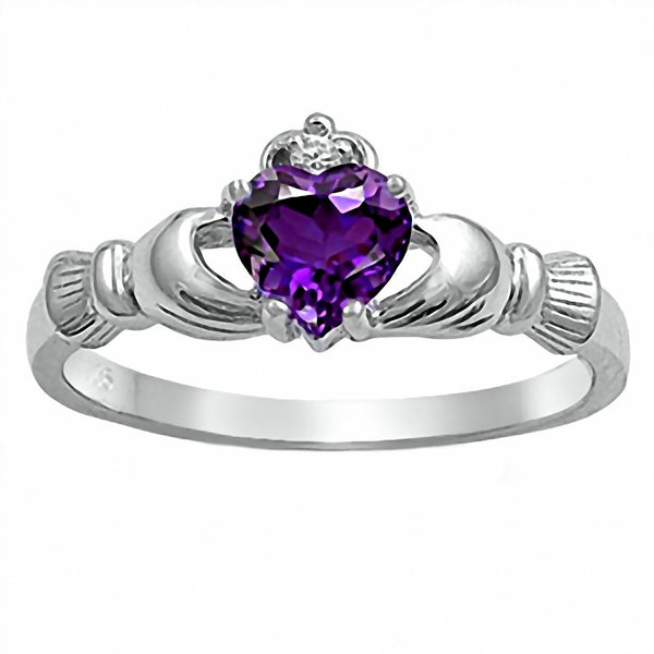 Delaney: 0.765ct Heart cut Purple Amethyst Claddagh Ring Silver - Trustmark Jewelers - Promise Rings