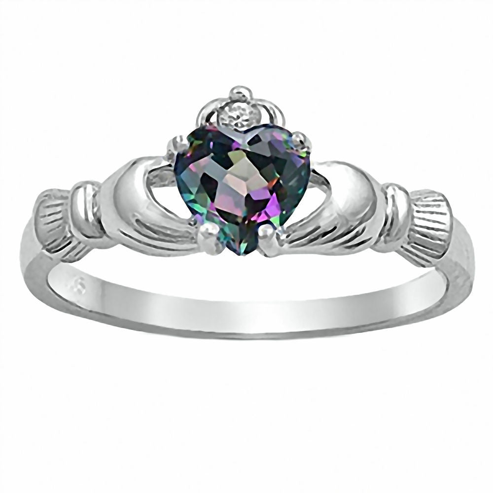 Eris: 0.765ct Heart cut Mystic Rainbow Topaz Claddagh Ring Silver - Trustmark Jewelers - Promise Rings