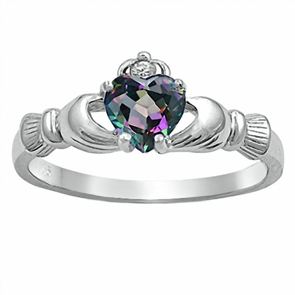 Eris: 0.765ct Heart cut Mystic Rainbow Topaz Claddagh Ring Silver - Trustmark Jewelers - Promise Rings