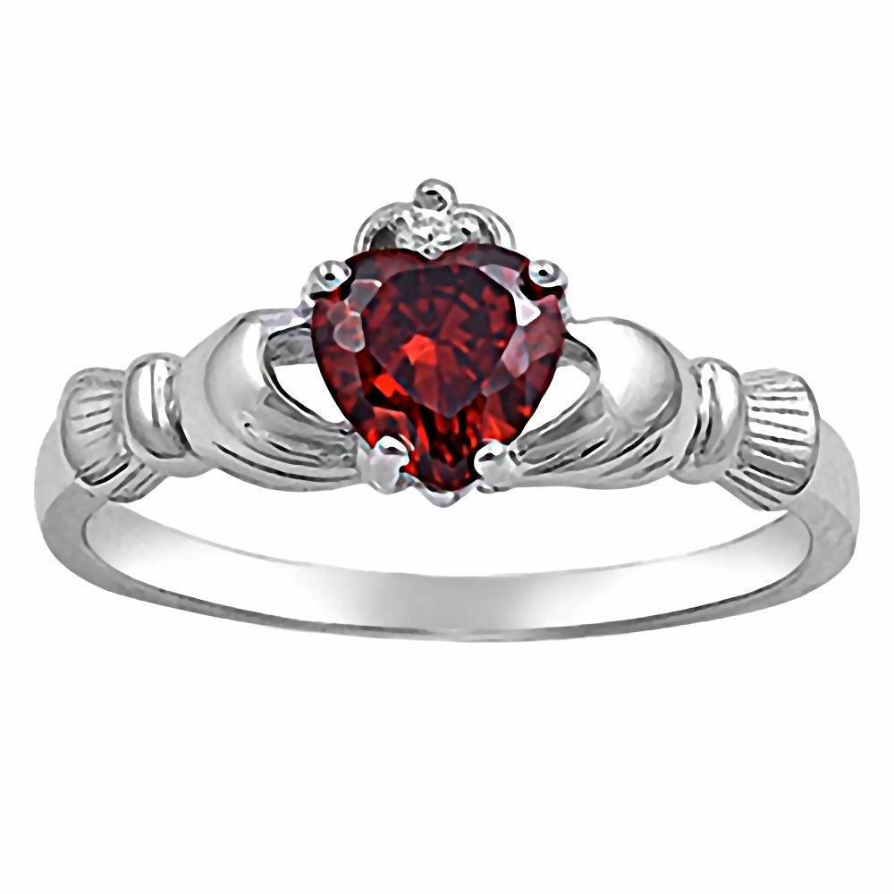 Glenda: 0.765ct Heart cut Red Fire Garnet Claddagh Ring Silver - Trustmark Jewelers - Promise Rings
