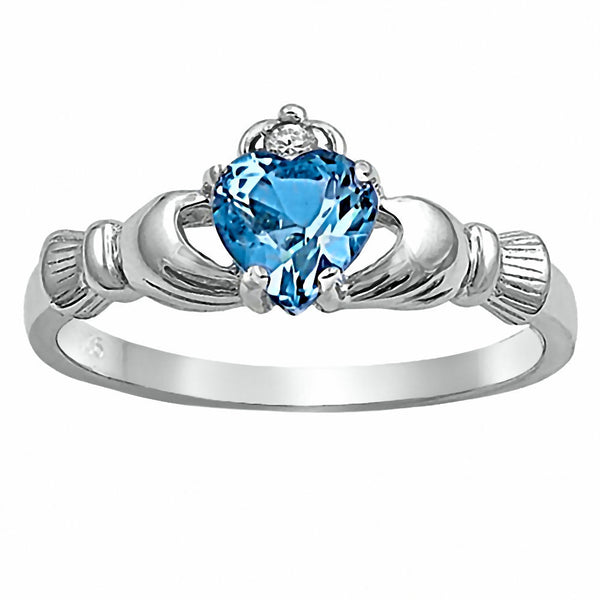 Havana: 0.765ct Heart cut Blue Topaz CZ Claddagh Ring Sterling Silver - Trustmark Jewelers - Promise Rings