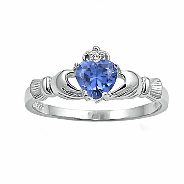 Innes: 0.765ct Heart cut Tanzanite Ice CZ Claddagh Ring Silver - Trustmark Jewelers - Promise Rings