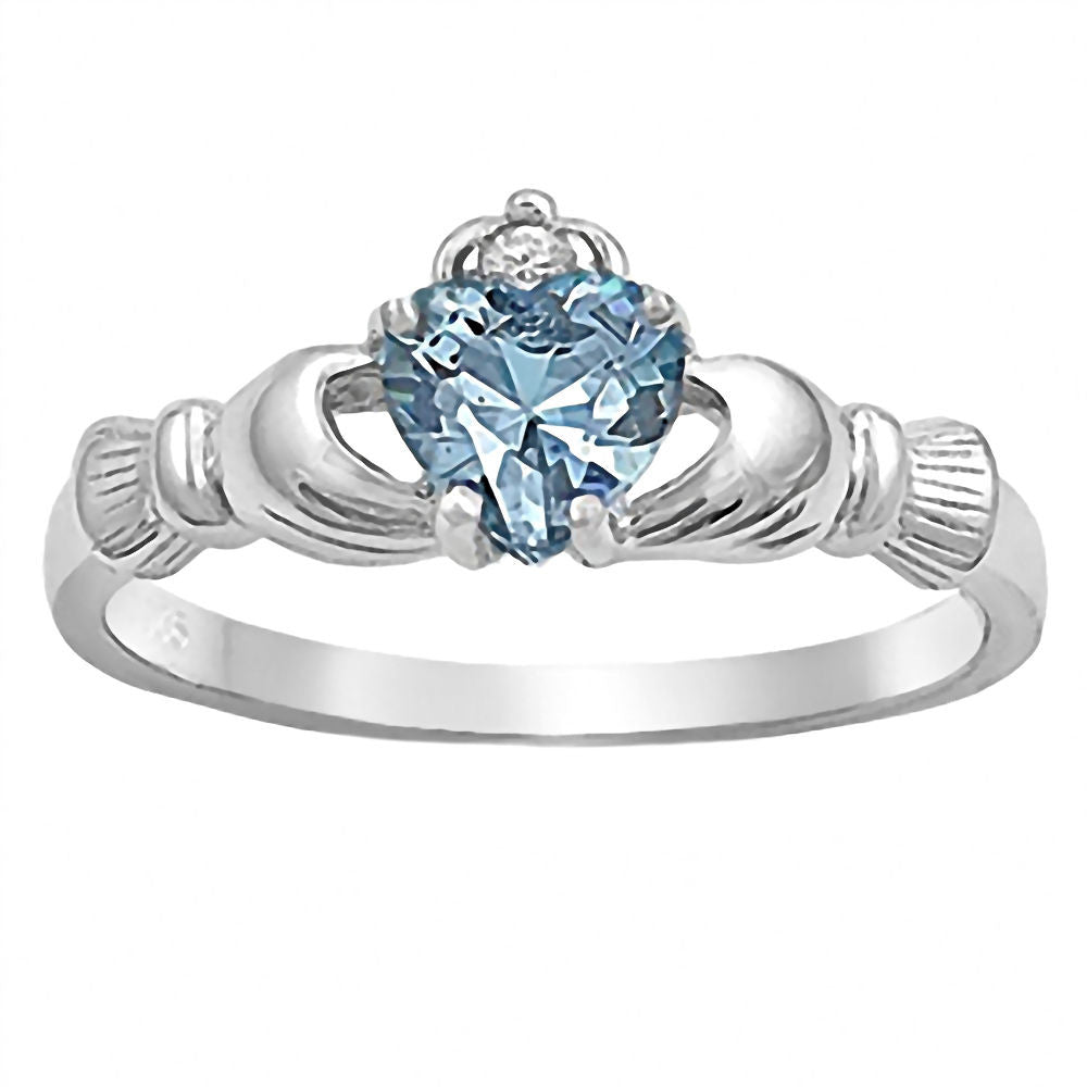 Kandice: 0.765ct Heart cut Aquamarine Claddagh Ring Sterling Silver - Trustmark Jewelers - Promise Rings