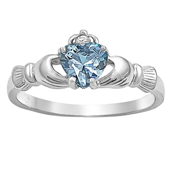 Kandice: 0.765ct Heart cut Aquamarine Claddagh Ring Sterling Silver - Trustmark Jewelers - Promise Rings