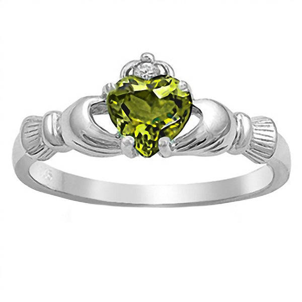 Liadan: 0.765ct Heart cut Peridot Ice CZ Claddagh Ring Silver - Trustmark Jewelers - Promise Rings