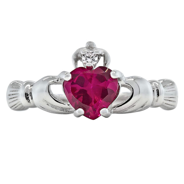 Myrna: 0.765ct Heart cut Ruby Ice CZ Claddagh Promise Ring Silver - Trustmark Jewelers - Promise Rings - 1