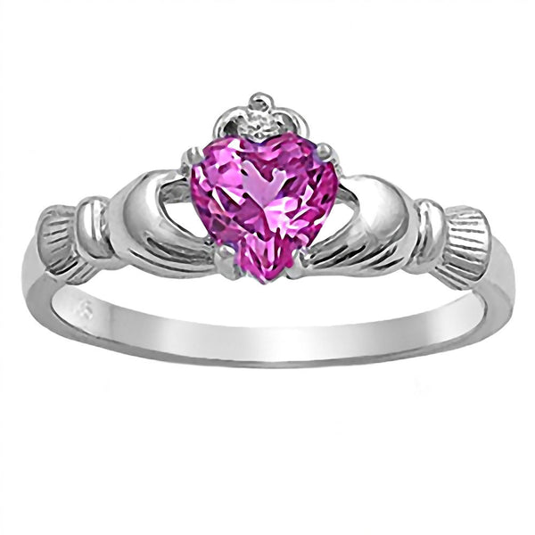 Niam: 0.765ct Heart cut Pink Sapphire Claddagh Promise Ring Silver - Trustmark Jewelers - Promise Rings