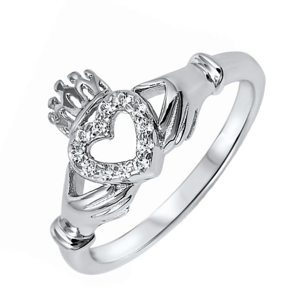 Cagney: 0.18ct Brilliant cut Russian IOF CZ Claddagh Ring 925 Silver - Trustmark Jewelers - Promise Rings