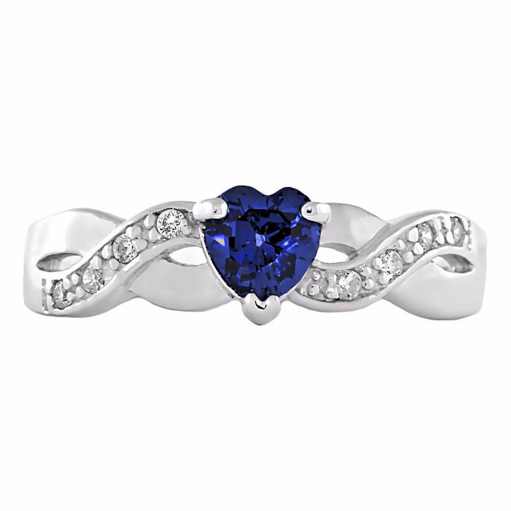 0.6ct Heart-cut Simulated Blue Sapphire Crossover Promise Ring Silver