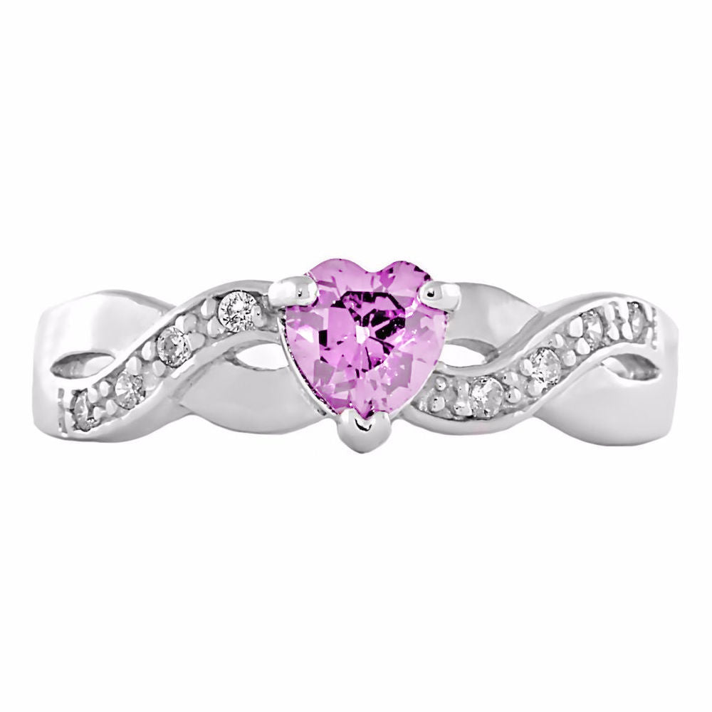 0.6ct Heart-cut Pink Tourmaline Ice CZ Crossover Promise Ring Silver
