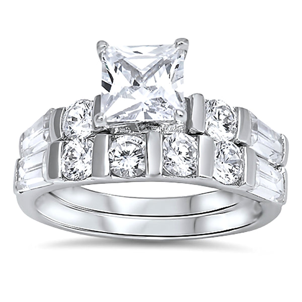 Kara: Princess Cut Ice on Fire CZ Womens 2pc Wedding Ring Set Sterling Silver
