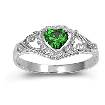 Belle: 4mm Heart Cut Simulated Emerald Baby Ring 925 Sterling Silver - Trustmark Jewelers - Baby Ring