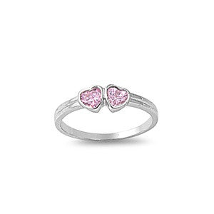 Adora: 3.5mm Heart Cut Pink Ice CZ Twin Heart Baby Ring 925 Sterling Silver - Trustmark Jewelers - Baby Ring