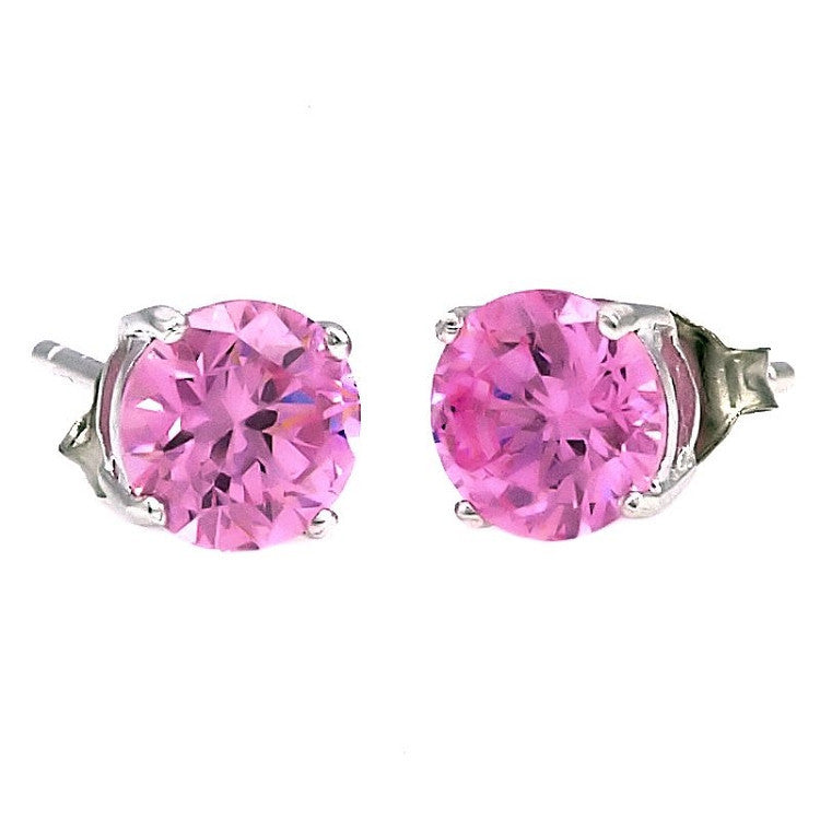 Harlow: 7mm 2.5c Pink Sapphire Ice CZ Basket Set Stud Earrings 925 Silver - Trustmark Jewelers - Earrings - 1