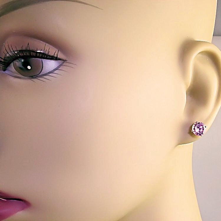 Harlow: 7mm 2.5c Pink Sapphire Ice CZ Basket Set Stud Earrings 925 Silver - Trustmark Jewelers - Earrings - 3