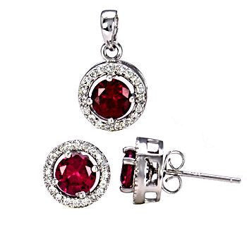 Rachel: 2.55ct 10mm Halo Jacket Ruby Basket Stud Earring & Pendant Set - Trustmark Jewelers - Gift Sets - 1