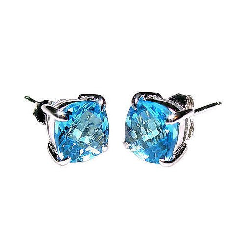 Elena: 6.5ct, 8mm Blue Topaz Crystal Cushion Cut Stud Earrings Silver - Trustmark Jewelers - Earrings - 1