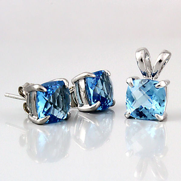 Elena: Cushion Cut Blue Topaz Crystal Pendant & Earrings Set Silver - Trustmark Jewelers - Pendants and Necklaces - 2