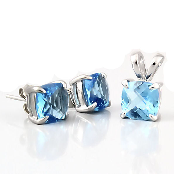 Elena: Cushion Cut Blue Topaz Crystal Pendant & Earrings Set Silver - Trustmark Jewelers - Pendants and Necklaces - 1