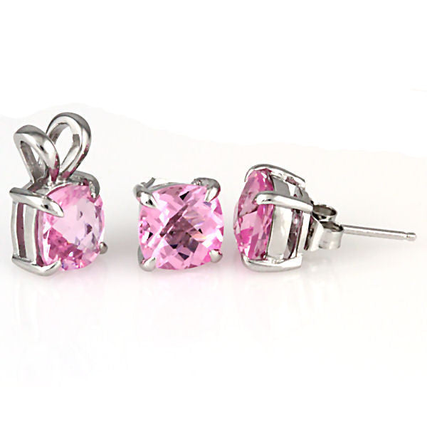 Preslie: Cushion Cut Pink Crystal Pendant & Earrings Set 925 Silver - Trustmark Jewelers - Pendants and Necklaces - 1