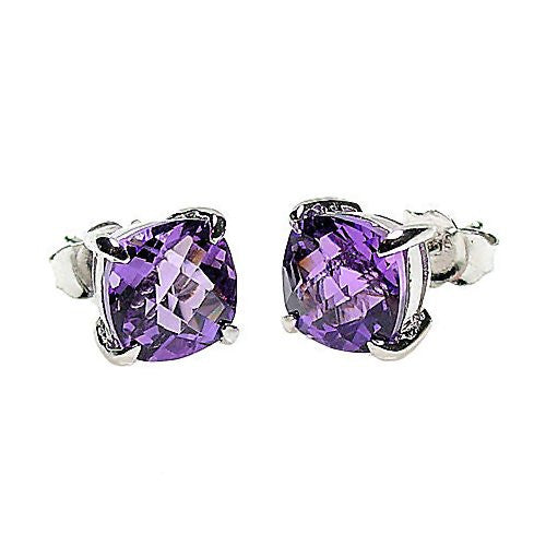 Saline: 6.5ct, 8mm Cushion Cut Amethyst Crystal Stud Earrings Silver - Trustmark Jewelers - Earrings - 1