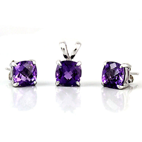 Saline Cushion Cut Amethyst Crystal Pendant Earrings Set Silver