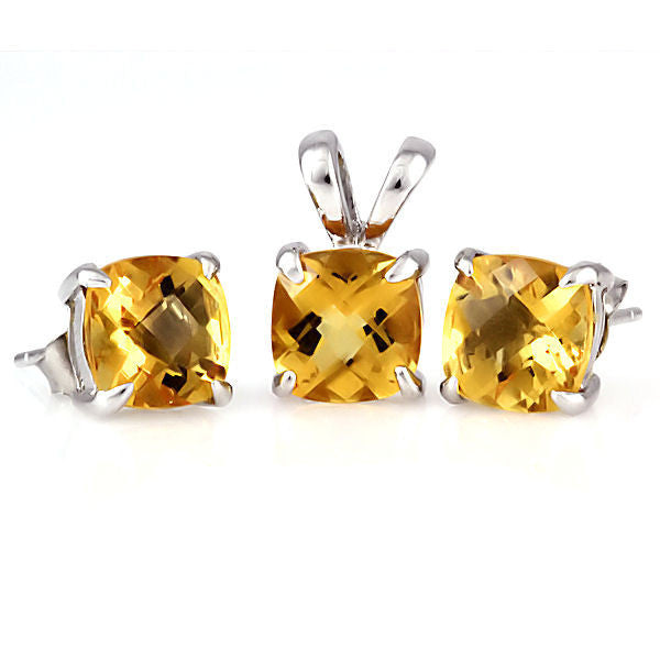 Solstice: Cushion Cut Citrine Crystal Pendant & Earrings Set Silver - Trustmark Jewelers - Pendants and Necklaces - 1
