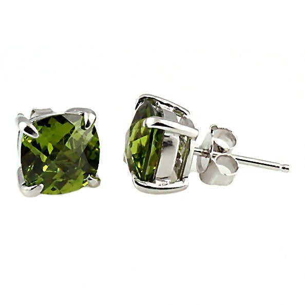 Teanna: 6.5ct, 8mm Cushion Cut Peridot Crystal Stud Earrings Silver - Trustmark Jewelers - Earrings - 1