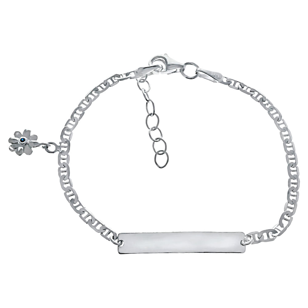 Trustmark Engravable Silver Bar Baby Bracelet with Stacey Flower and Mariner Chain