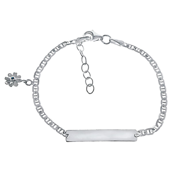 Trustmark Engravable Silver Bar Baby Bracelet with Stacey Flower and Mariner Chain