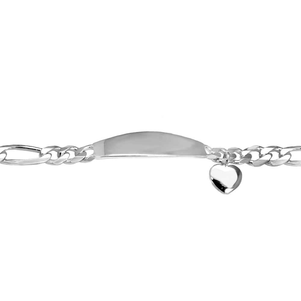 Trustmark Engravable Silver Italian Bar Bracelet with Heart Charm and Figaro Chain