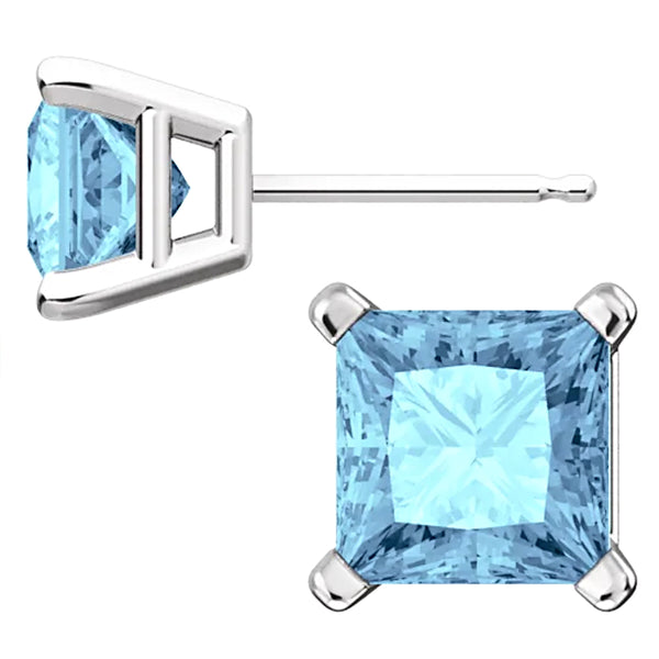 Sterling Silver Princess Cut Aquamarine Ice CZ Basket Set Stud Earrings