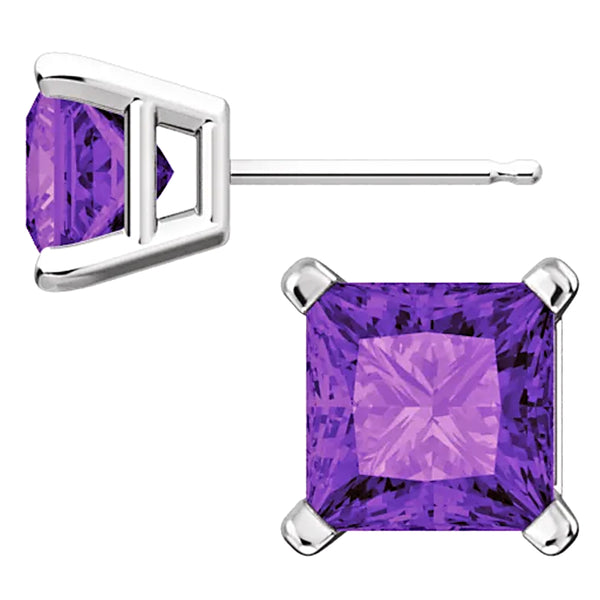 Sterling Silver Princess Cut Amethyst Ice CZ Basket Set Stud Earrings